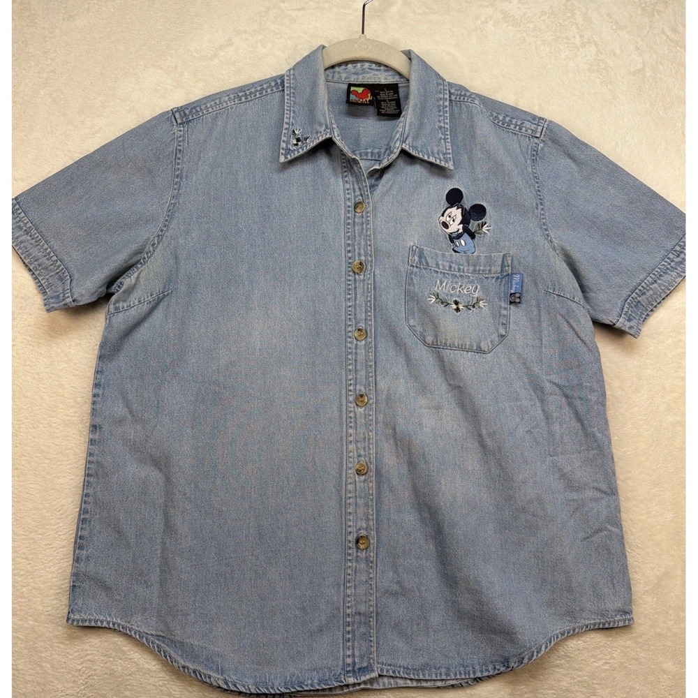 Vintage Mickey Mouse Denim Chambray Shirt Embroidered Mickey Unlimitedβ L